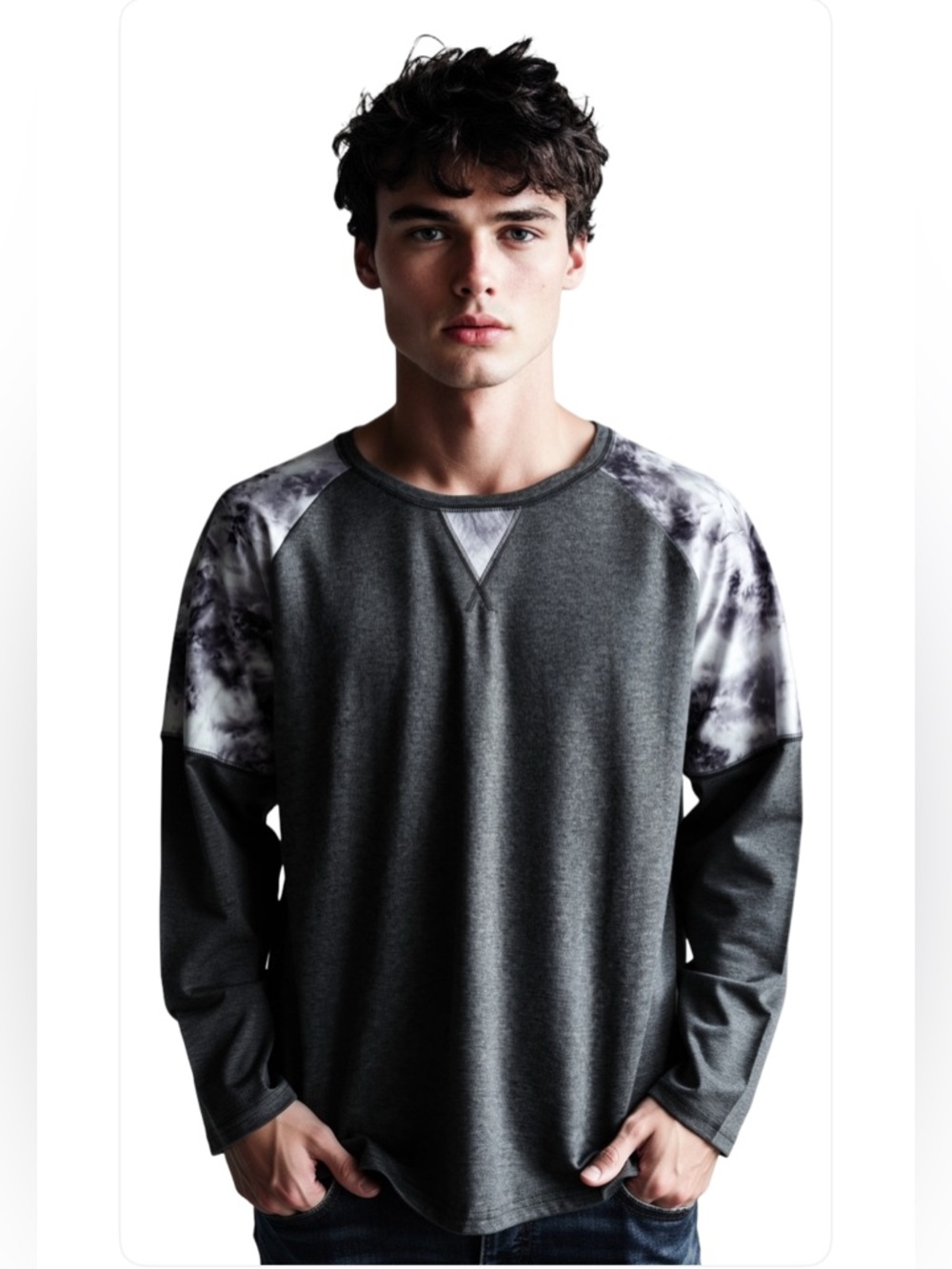 NEW- 4Xl Men's Dark Gray Crewneck Sweatshirt with Tie-Dye Shoulder Accents